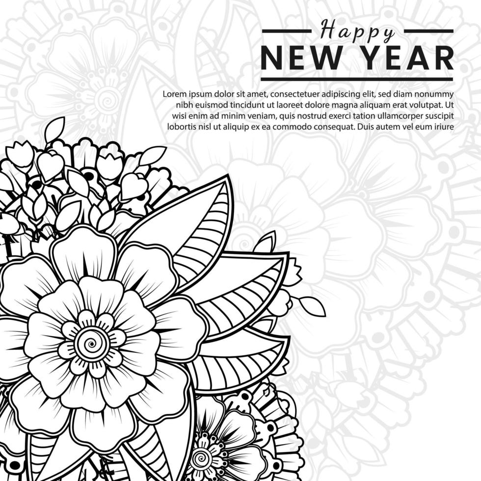 Feliz año nuevo banner o plantilla de tarjeta con flor mehndi vector