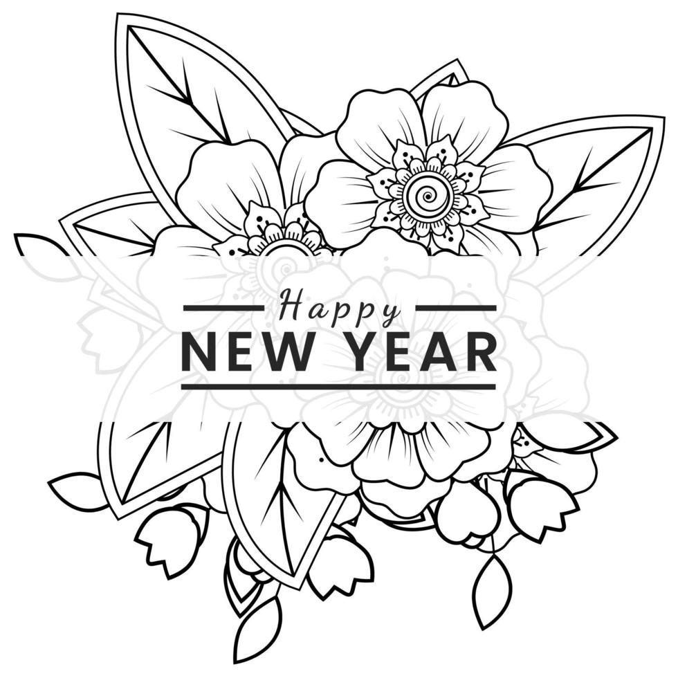 Feliz año nuevo banner o plantilla de tarjeta con flor mehndi vector