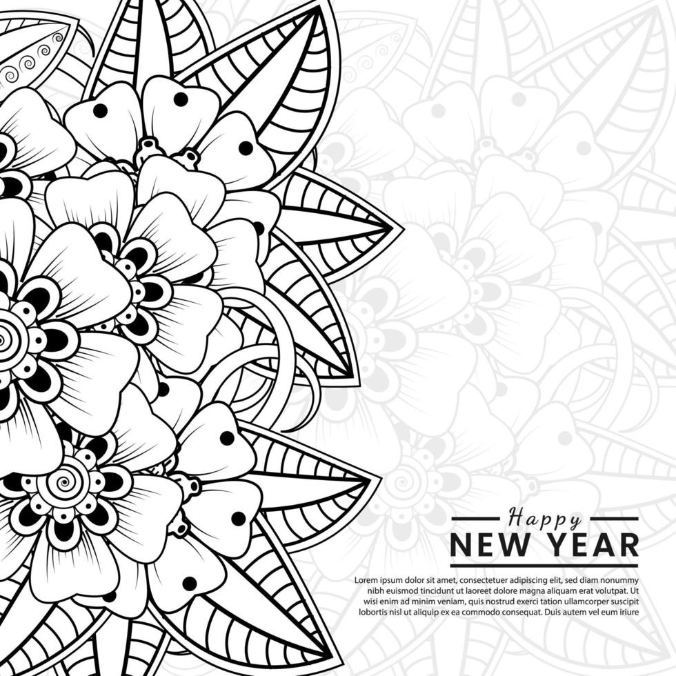 Feliz año nuevo banner o plantilla de tarjeta con flor mehndi vector