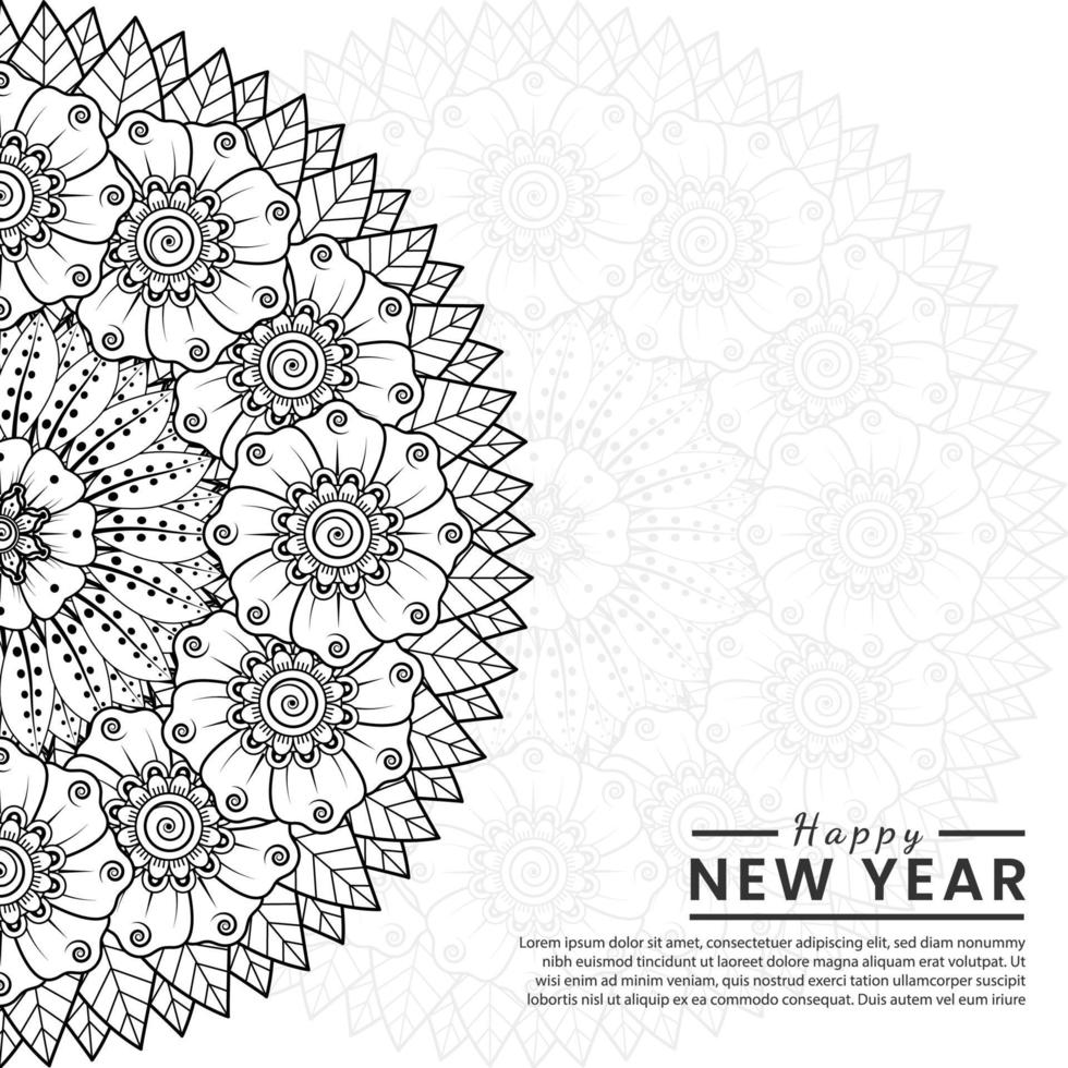 Feliz año nuevo banner o plantilla de tarjeta con flor mehndi vector