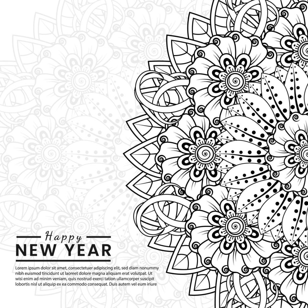 Feliz año nuevo banner o plantilla de tarjeta con flor mehndi vector