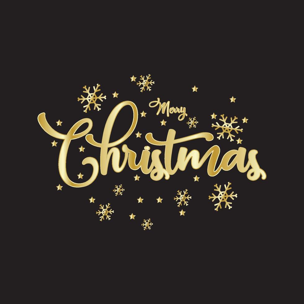 Merry Christmas and Happy New Year lettering template. Greeting card invitation with golden snowflakes. Winter holidays related typographic quote. Vector vintage illustration.