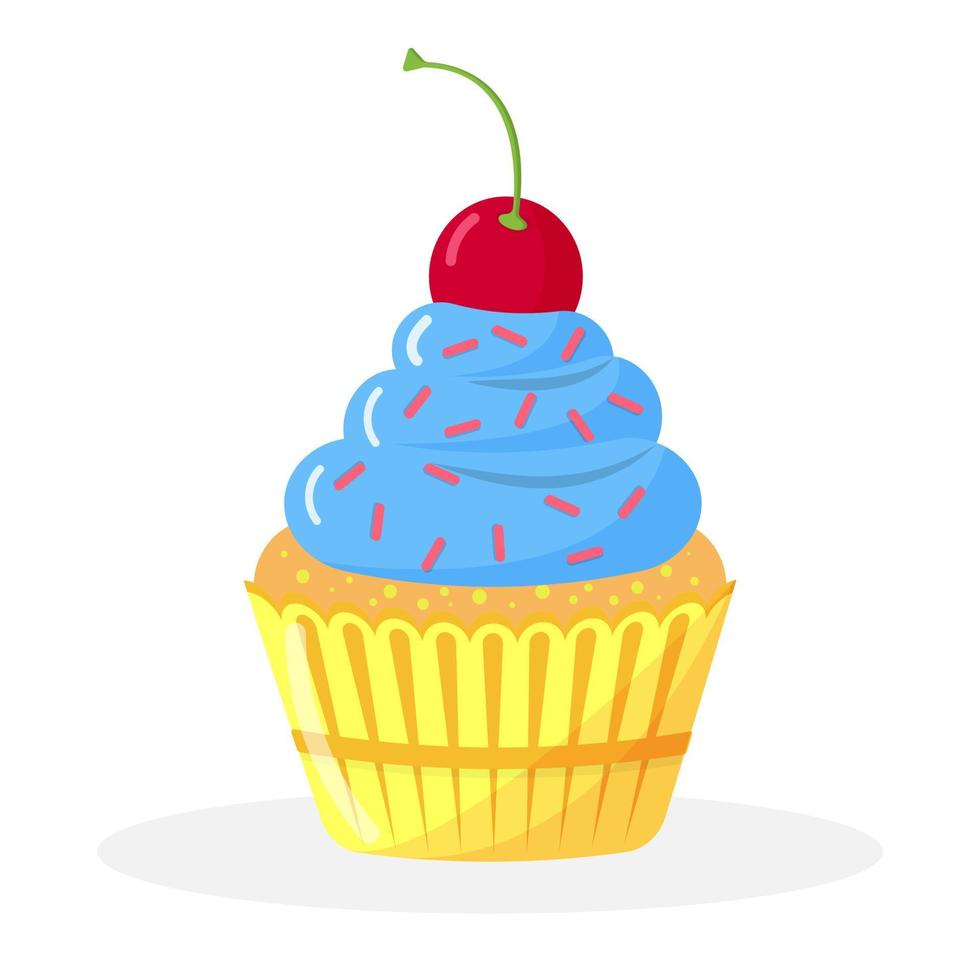 Cupcake dessert with cherry. Vector illustration in flat style.