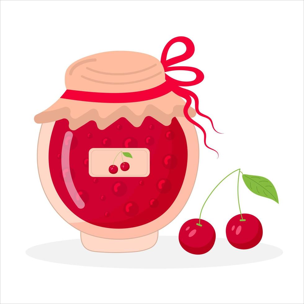 Cherry jam jar and cherry. Food and cooking. Vector illustration.