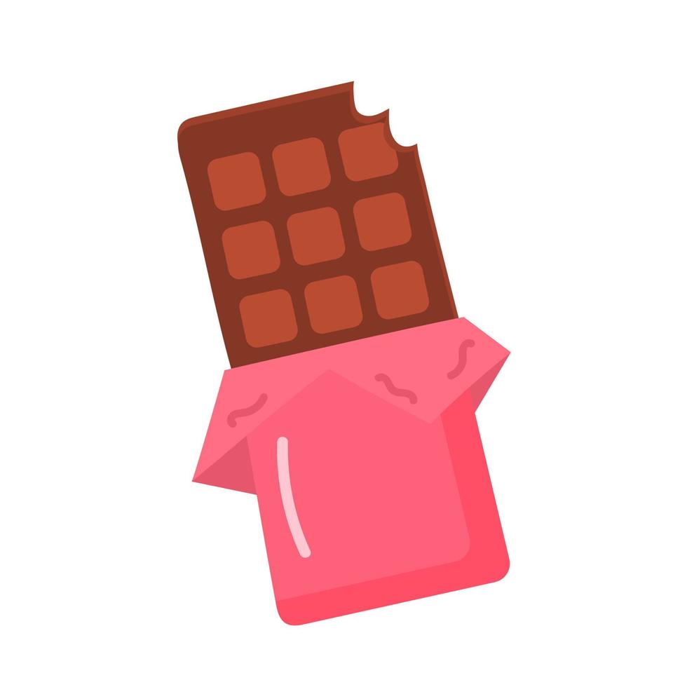 Chocolate bar in opened wrapped bitten with pieces. vector