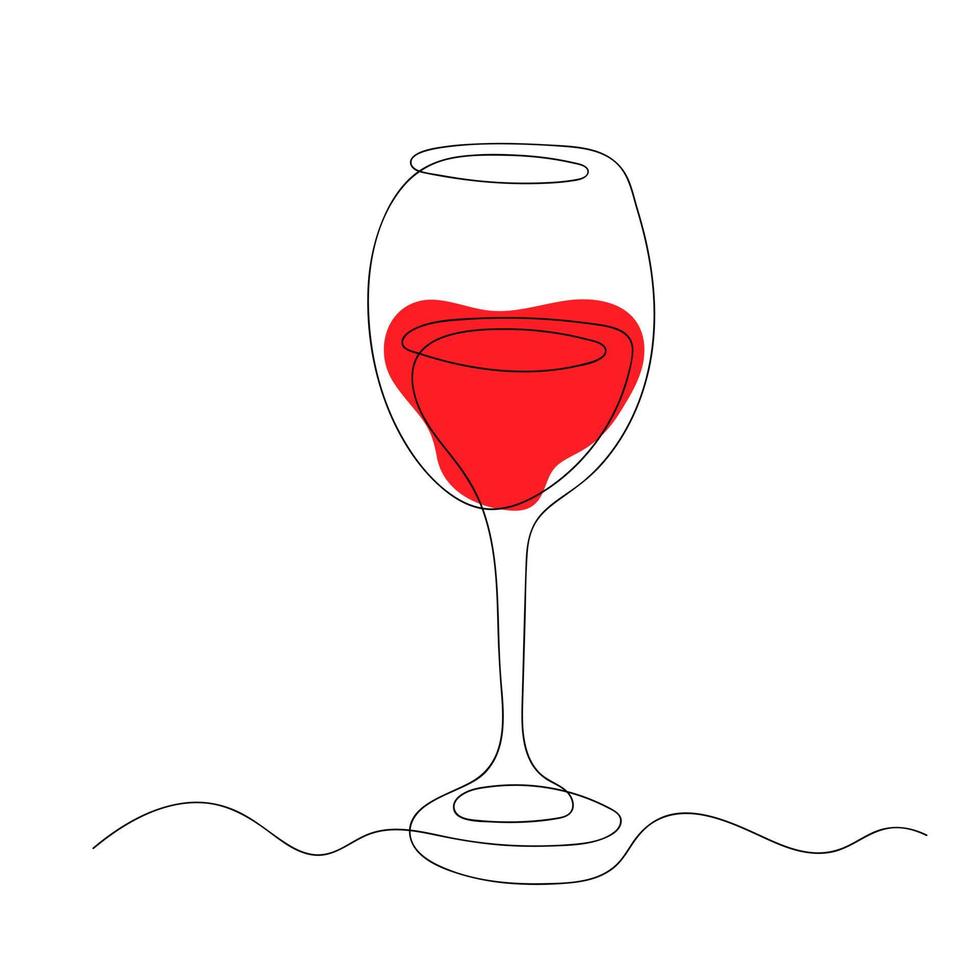 Copa de vino tinto de línea continua con forma roja. vector