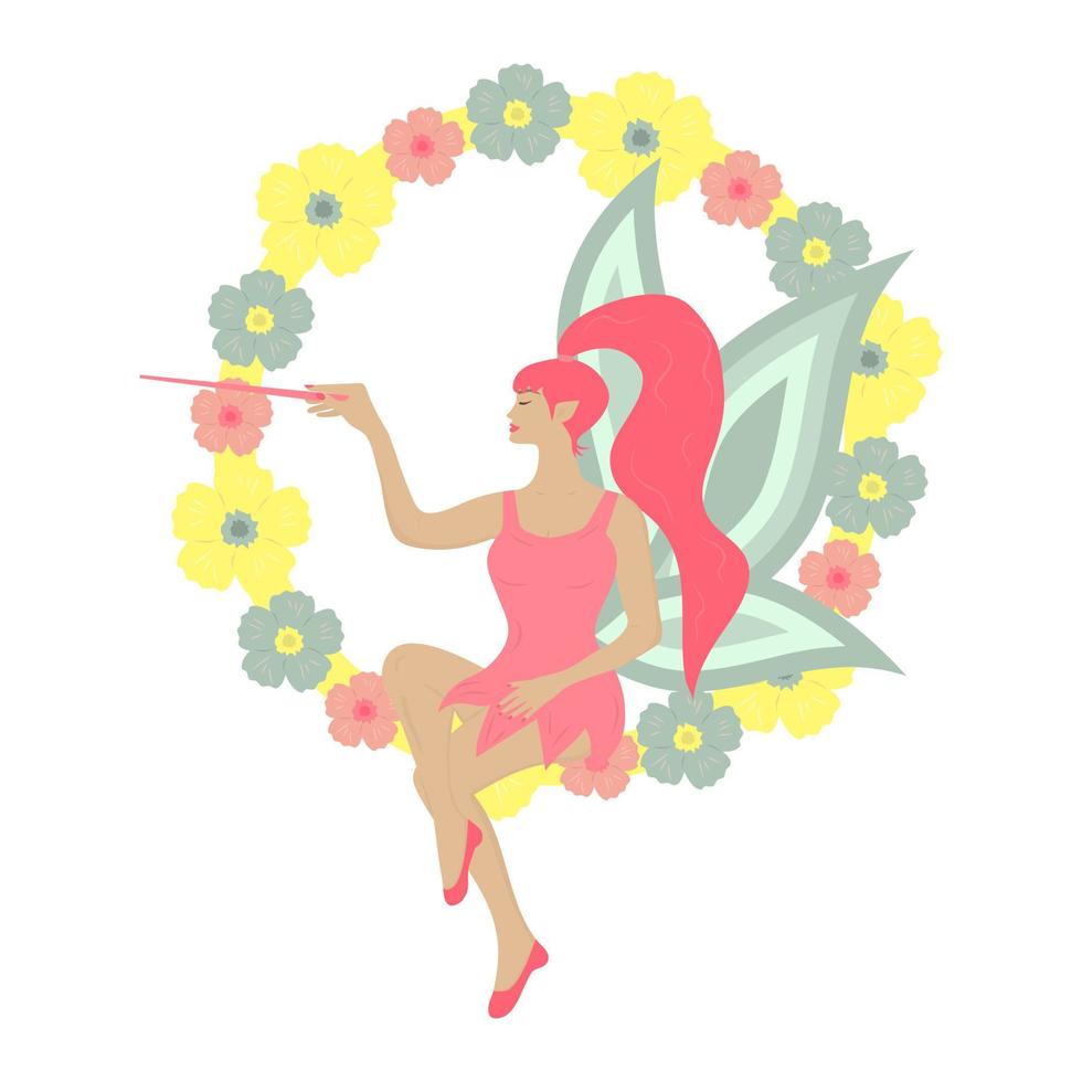 Fairy sitting on the flower circle with magic wand. vector