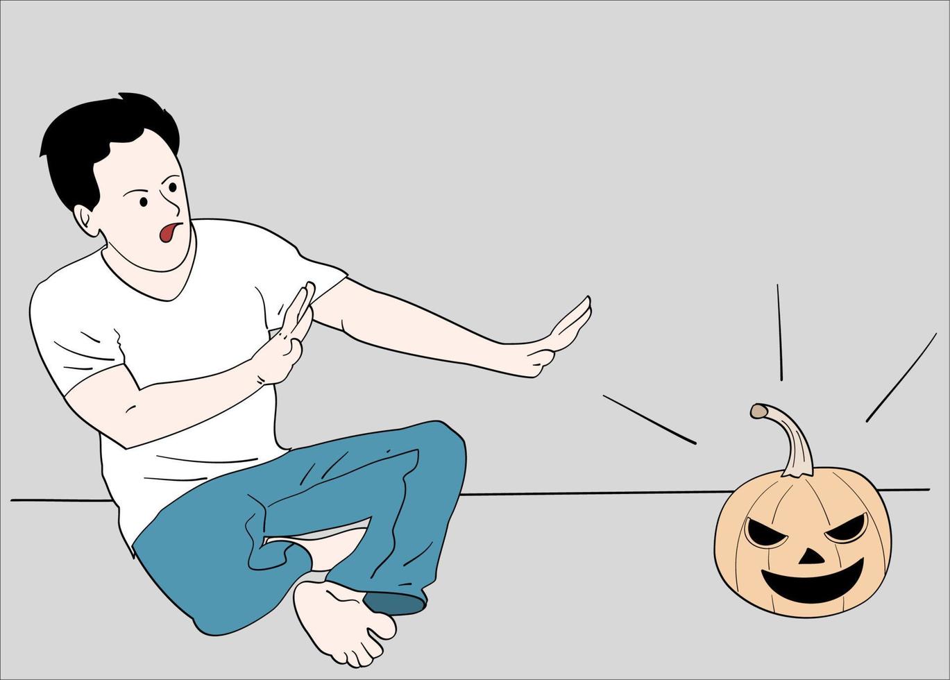 un hombre que tiene miedo a las calabazas de halloween vector