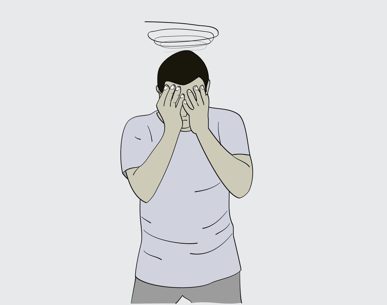 The depressed man covered his face with his hands. Hand drawn style vector design illustrations