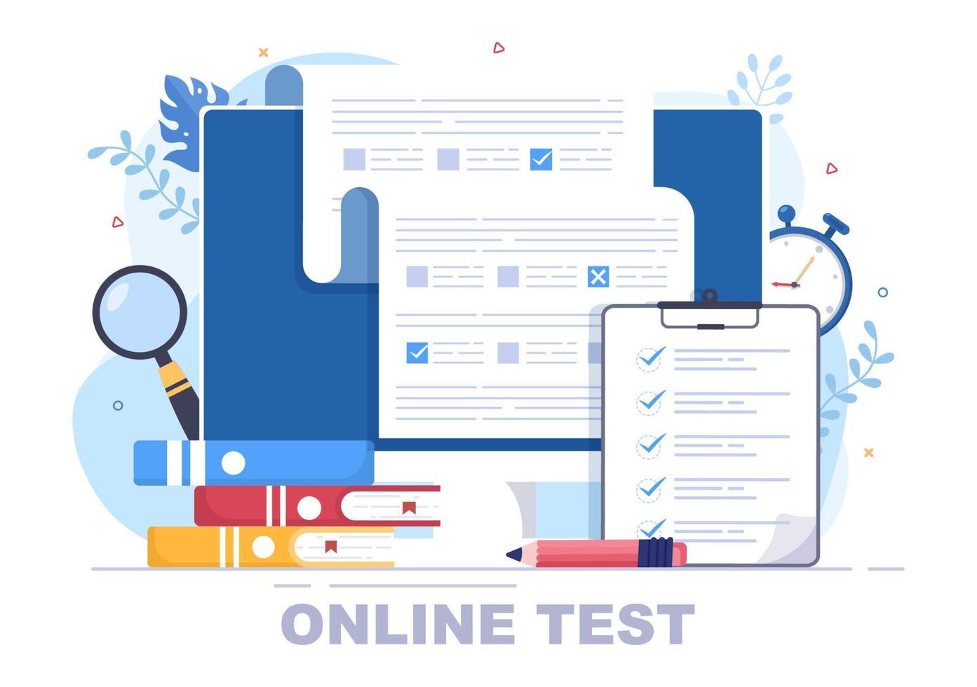 Ilustración de vector de fondo de prueba en línea con lista de verificación, examen, elección de respuesta, formulario, e-learning y concepto de educación