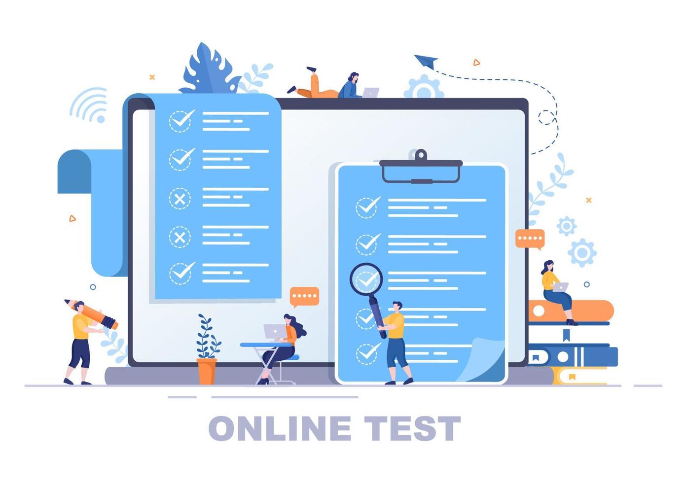 Ilustración de vector de fondo de prueba en línea con lista de verificación, examen, elección de respuesta, formulario, e-learning y concepto de educación