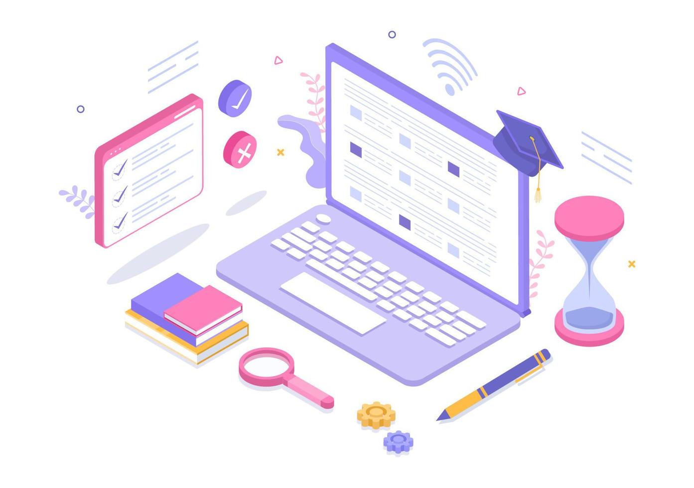 Online Testing Background Vector Illustration With Checklist, Taking Exam, Choosing Answer, Form, E-learning and Education Concept