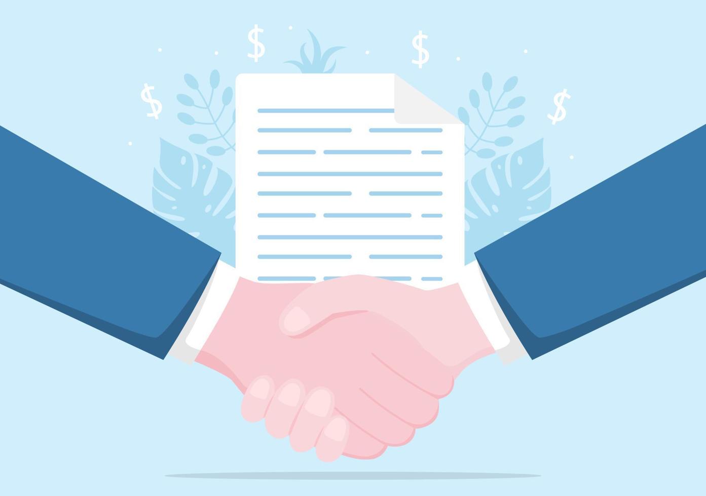 Two Businessmen Reach a Deal or Agreement Shaking Hands on Cooperation Contract as Successful Partners. Background Vector Illustration