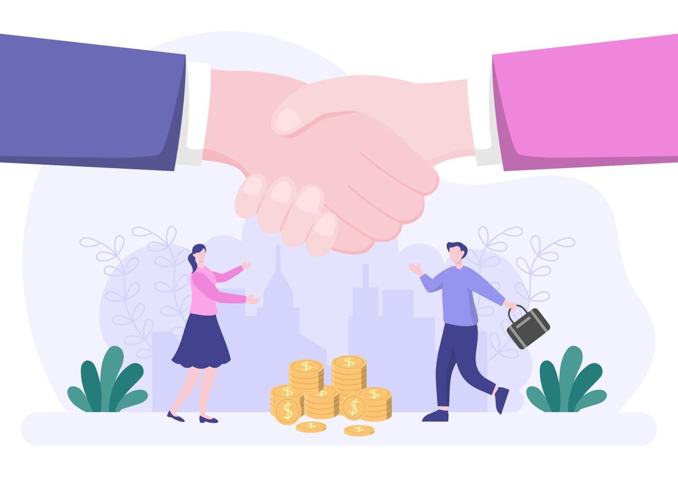 Two Businessmen Reach a Deal or Agreement Shaking Hands on Cooperation Contract as Successful Partners. Background Vector Illustration