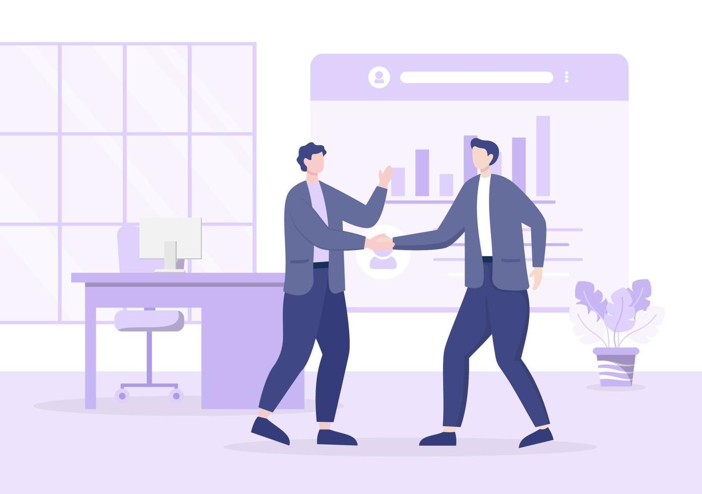 Two Businessmen Reach a Deal or Agreement Shaking Hands on Cooperation Contract as Successful Partners. Background Vector Illustration