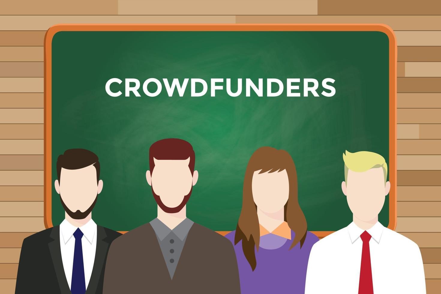 crowdfounders illustration with four people in front of green chalk vector