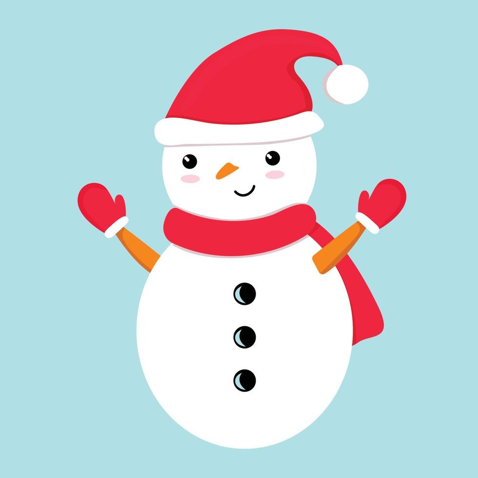 Cute smiling funny snowman in red Santa hat, scarf and  mittens. Festive Christmas, New Year, winter season baby kid character vector