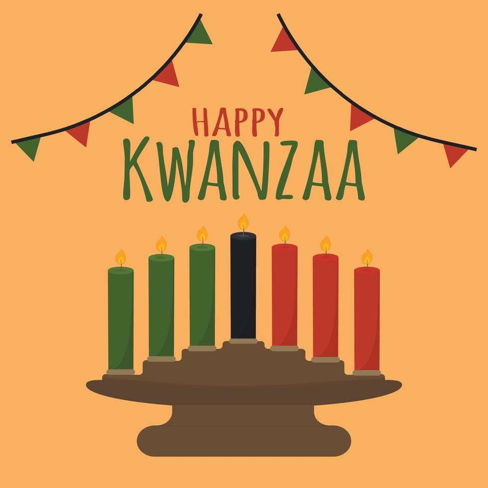 Happy Kwanzaa - cute simple greeting card. African American Christmas ethnic cultural holiday. Candle holder kinara with traditional seven candles - black, red, green vector