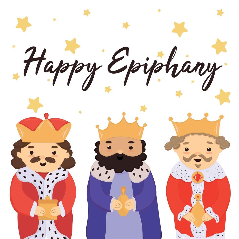Happy Epiphany. Cute greeting card with three kings, banner, template for Epiphany day, three kings day. Vector illustration isolated on white background with little yellow stars