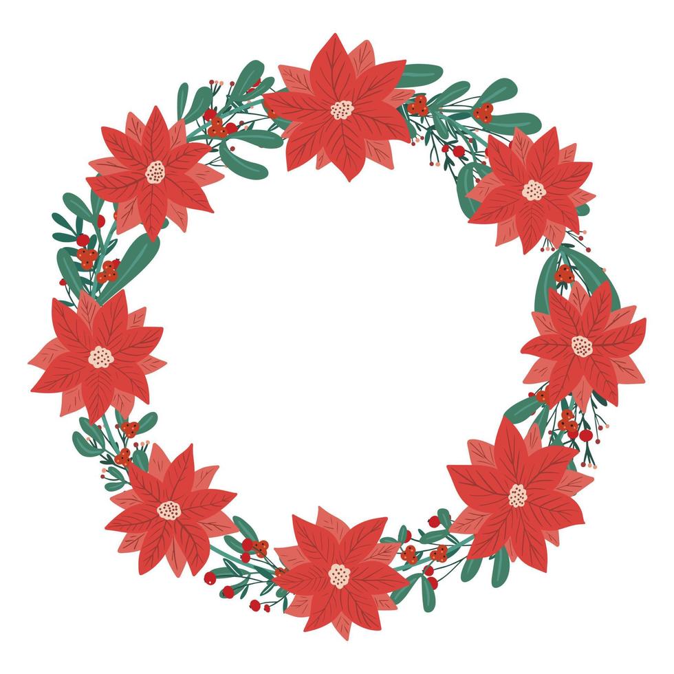 Christmas winter holly berry, poinsettia, mistletoe cute wreath in simple flat drawn style. Traditional festive laurel, empty round frame with copy space, holiday design template vector