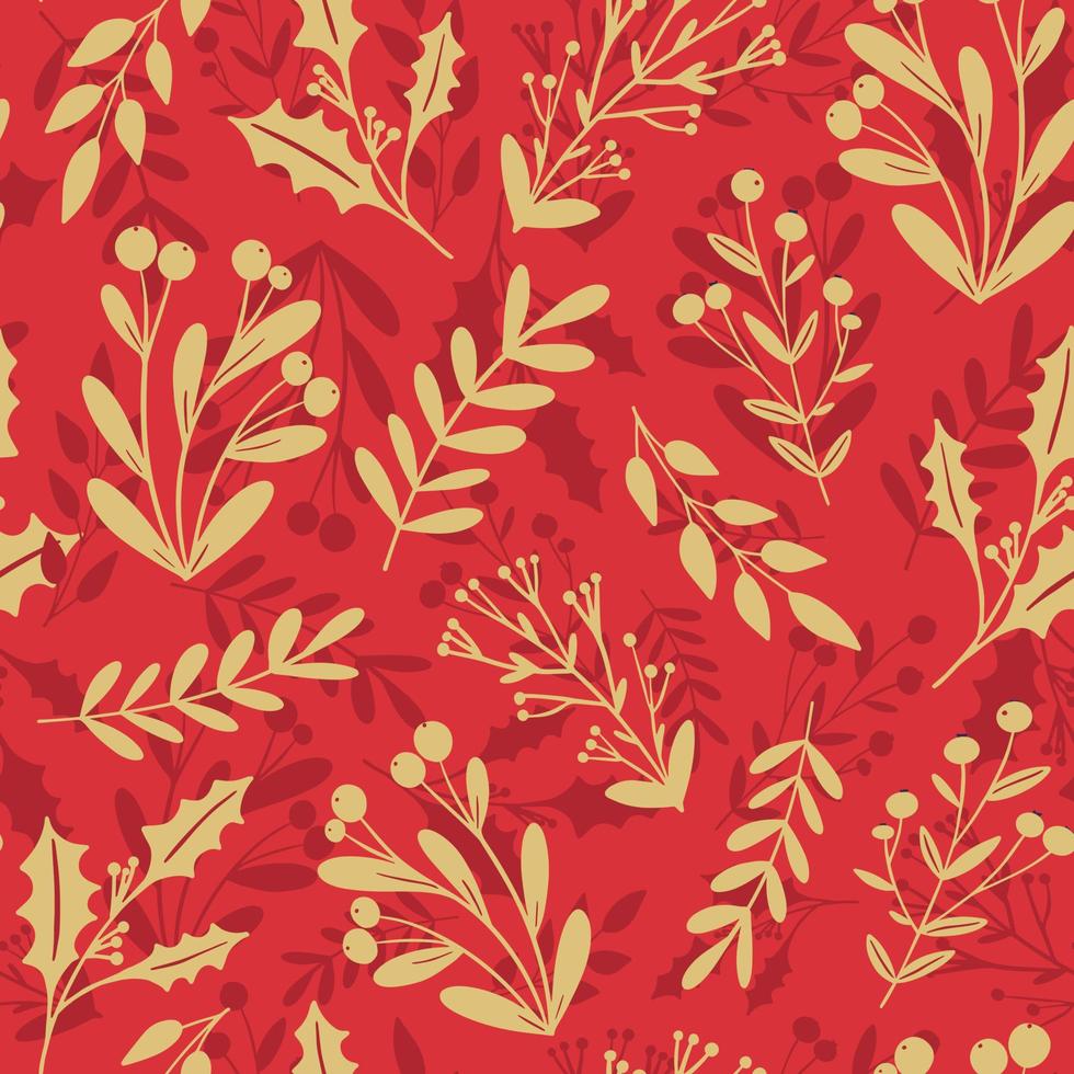 Beautiful winter season, Christmas, New Year floral seamless pattern background. Holly berry, mistletoe plant silhouette on red background. Festive vector backdrop, seasonal textile design.