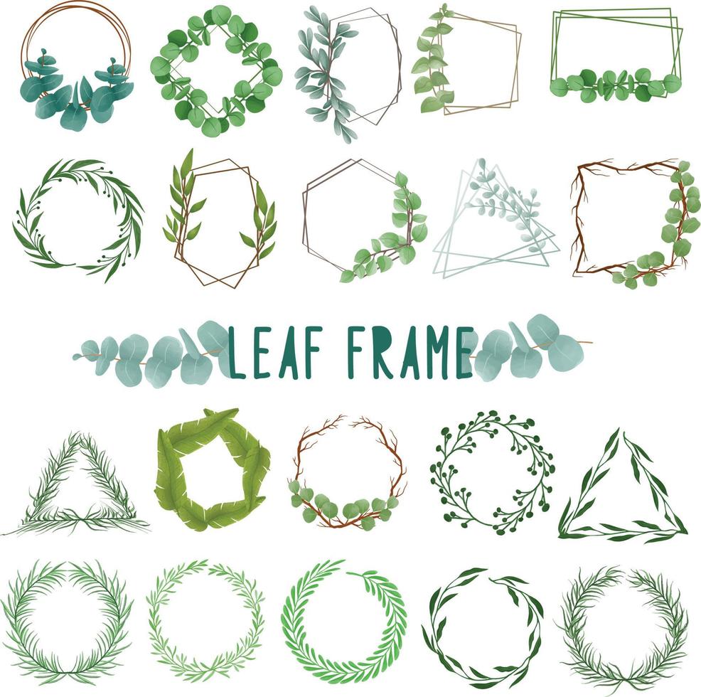 Set of watercolor painted Leaf Frame, Green leaves clipart. Hand drawn isolated on white background vector