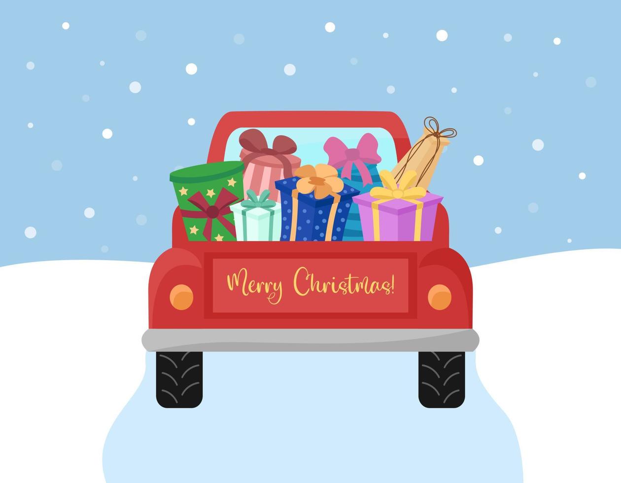 Red truck car carrying gifts. Rear view. Merry Christmas text. Snow falling. Its time to buy presents. Vector concept illustration.