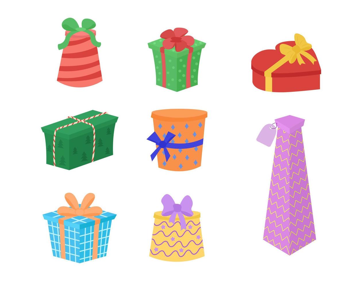 Gift boxes vector set. Collection of presents isolated. Giftbox in shape cylinder, cube, heart, high container. Flat cartoon style
