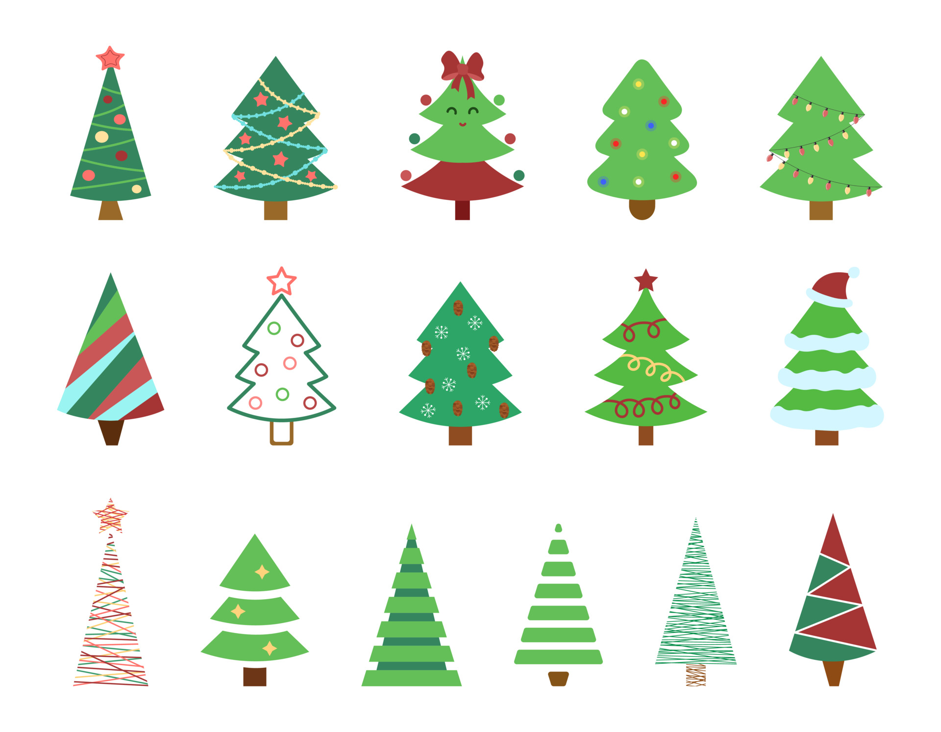 Conjunto de vectores de árboles de Navidad. dibujos animados decorados pinos  y abetos elementos aislados. colección de símbolos tradicionales de año  nuevo y navidad 3586975 Vector en Vecteezy