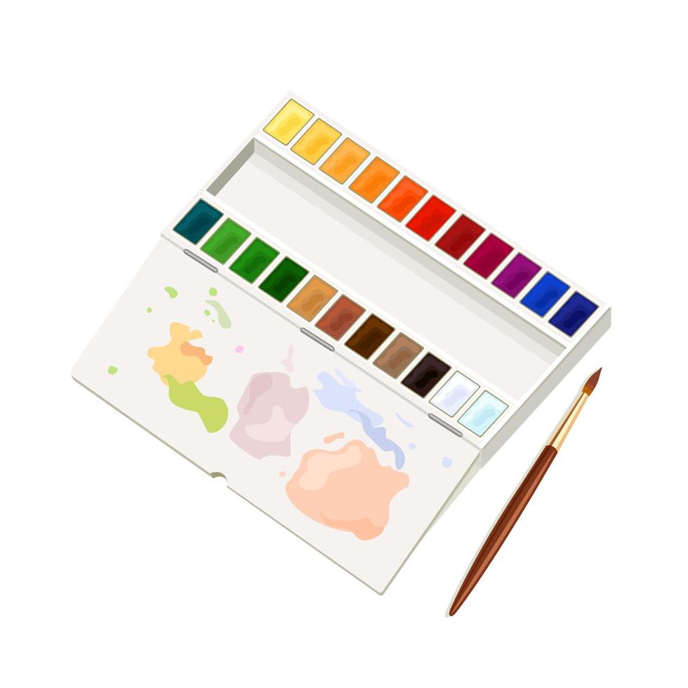 A box with watercolors and a brush. Paints for drawing on paper. Spots of bright color. vector