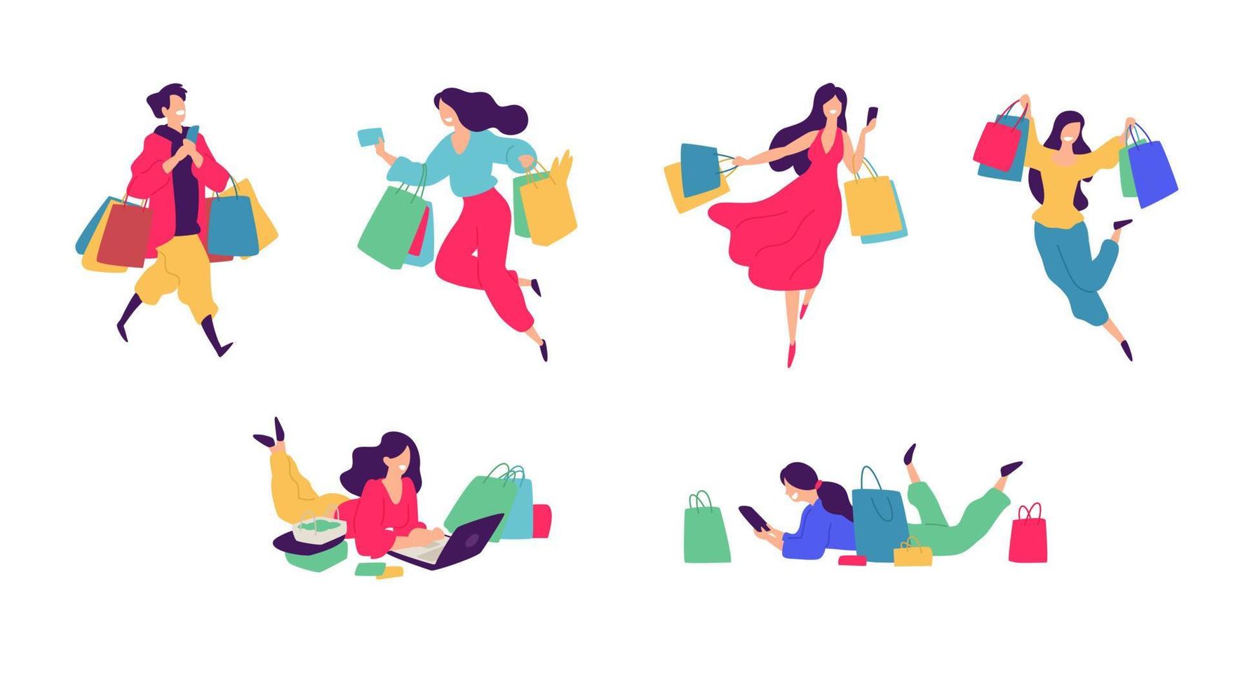Cheerful shoppers characters illustration. vector