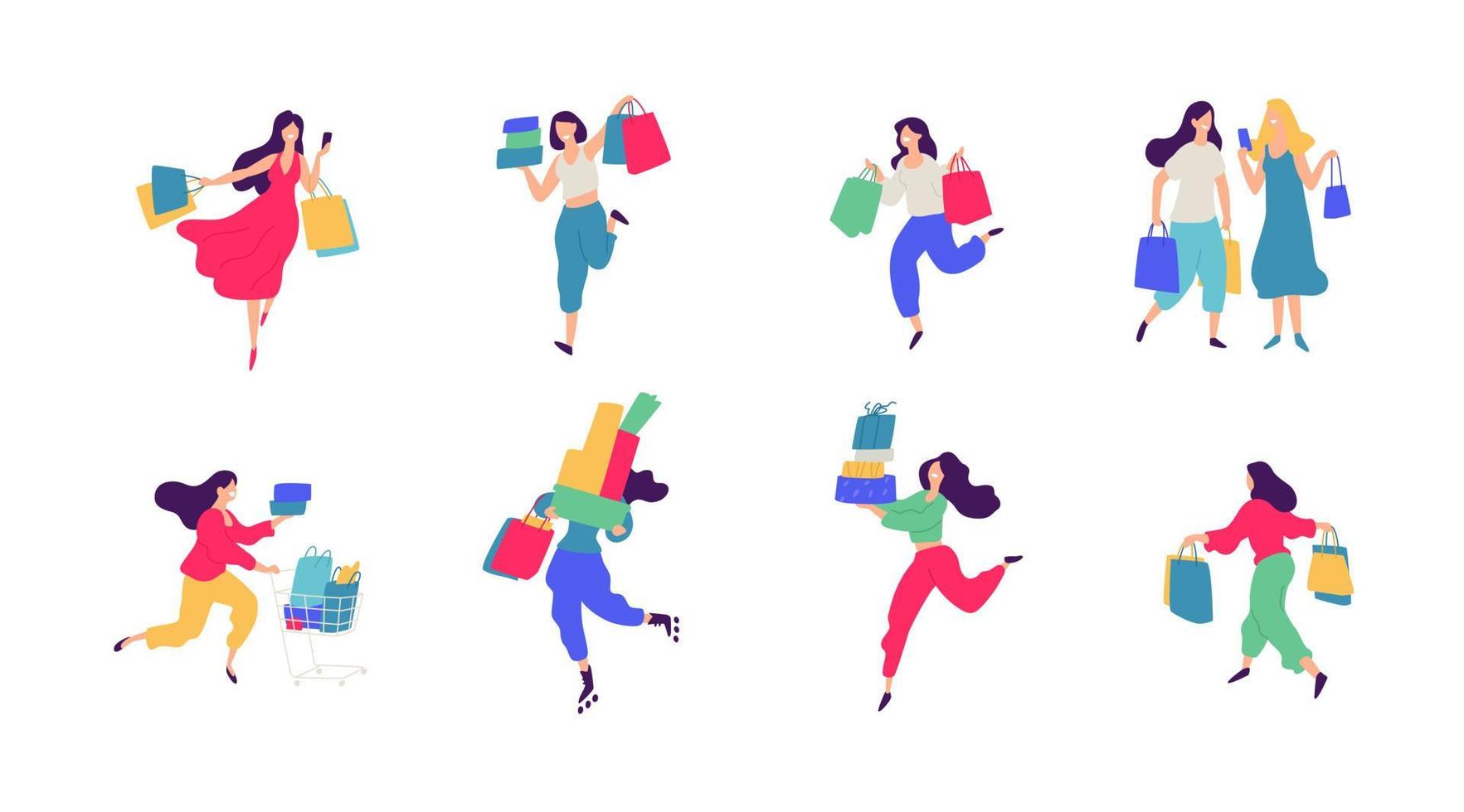 Cheerful shoppers characters illustration. vector