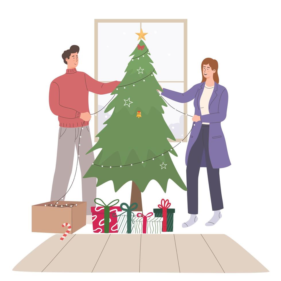 Happy couple decorating christmas tree at home set vector