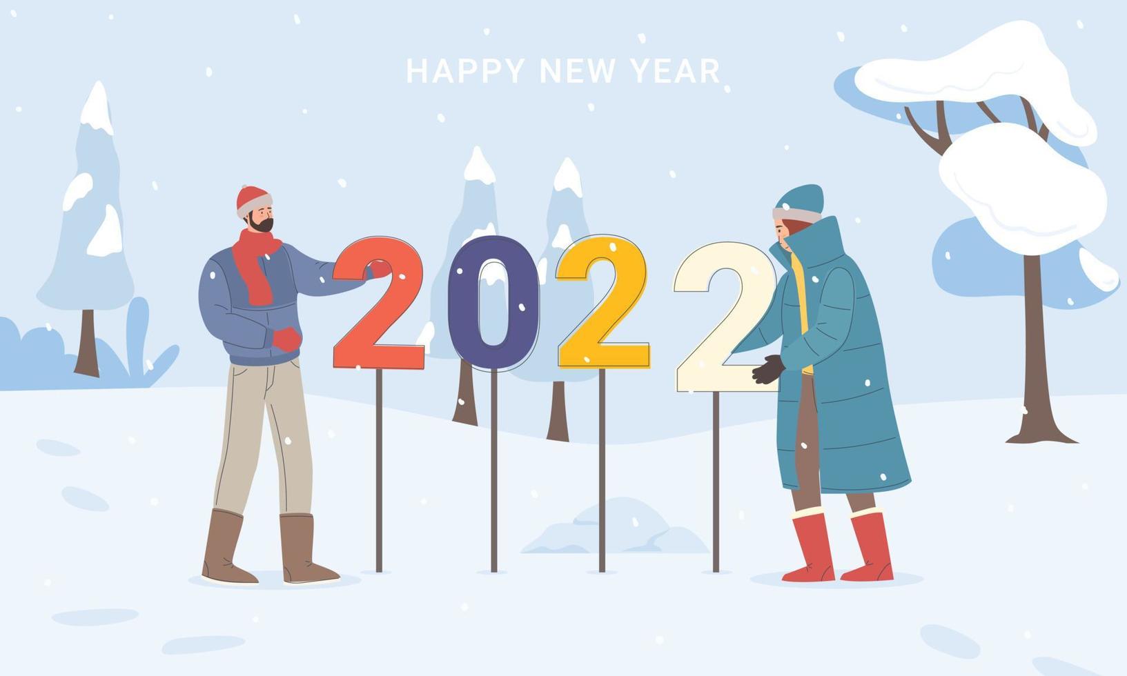 feliz año nuevo 2022 gente alegre y grandes números 2022 ilustración de celebración vector