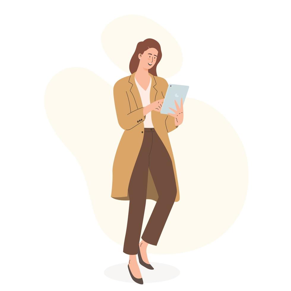 mujer de negocios, trabajando, en, tableta digital, ilustración vector