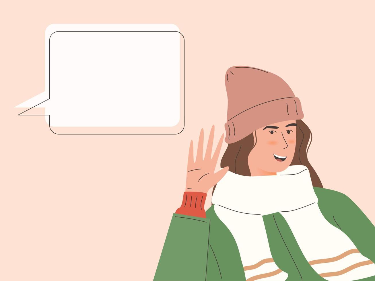 mujer vestida con traje de invierno escucha con la ilustración de la mano vector