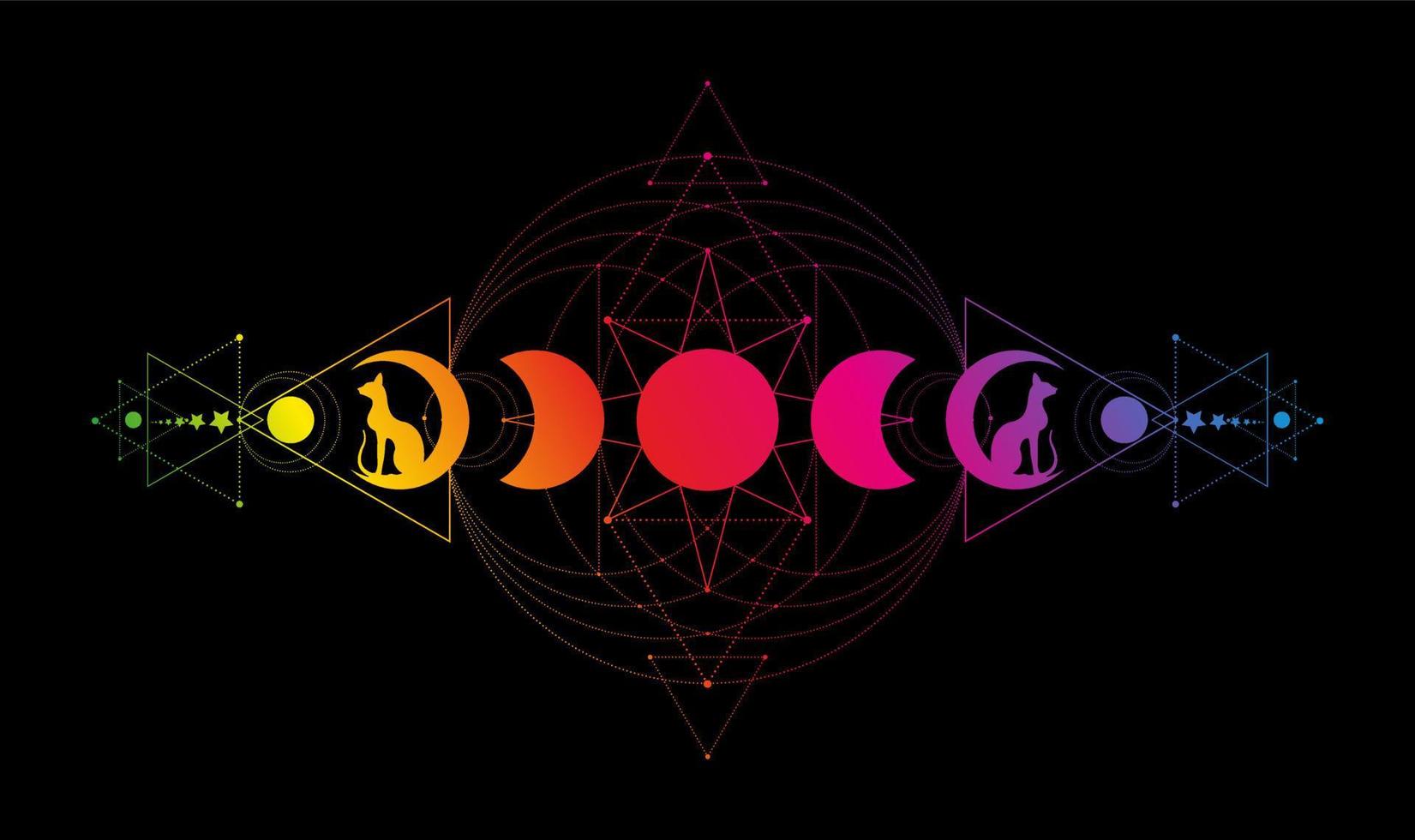 Mystical Moon Phases, Sacred geometry. Triple moon and black cats, colorful spectrum pagan Wiccan goddess symbol, silhouette wicca banner sign, energy circle, vector isolated on black background