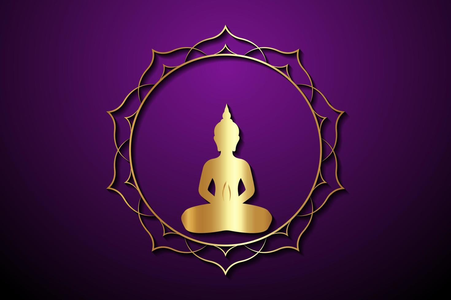 silueta de buda de oro en posición de loto, plantilla de logotipo redondo de loto sagrado. budismo motivos esotéricos, yoga espiritual. vector de mandala dorado aislado sobre fondo morado
