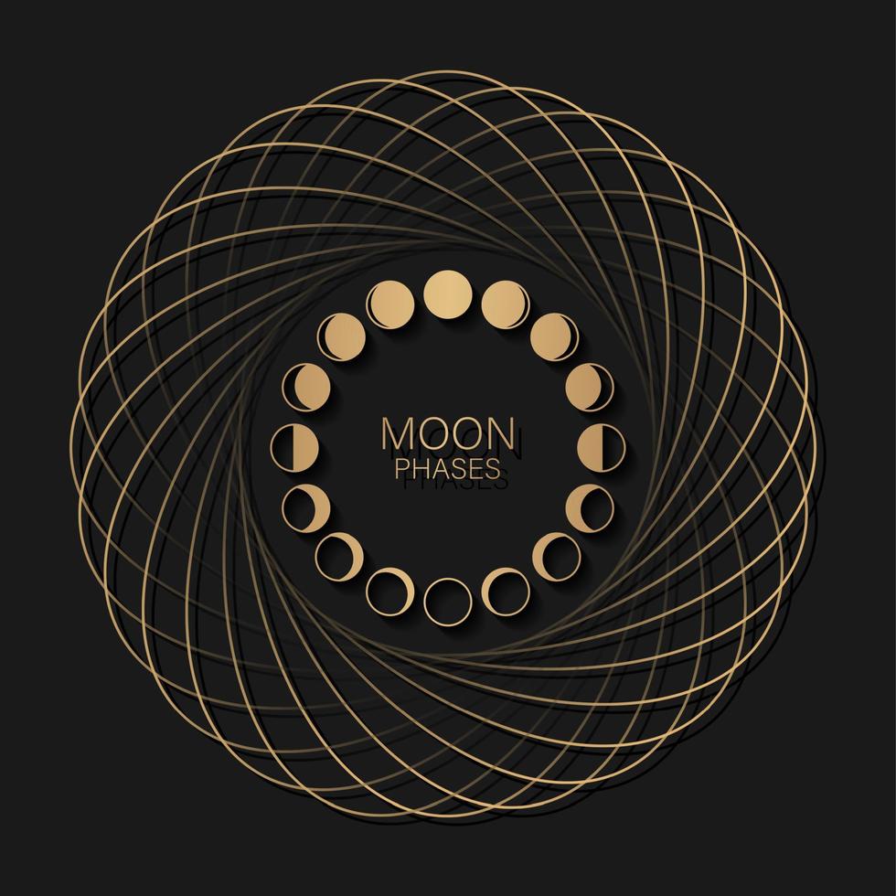 Moon phases astronomy icon set in round frame lunar cycle, full moon, waning, waxing, first quarter, gibbous, crescent, third quarter. Vector Illustration on black background