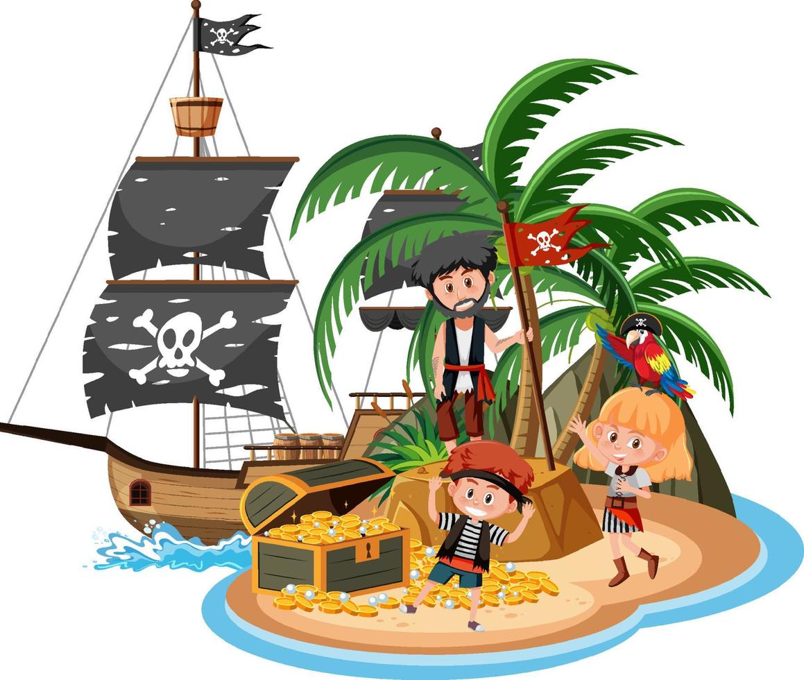 Barco pirata en la isla con muchos niños aislado sobre fondo blanco. vector