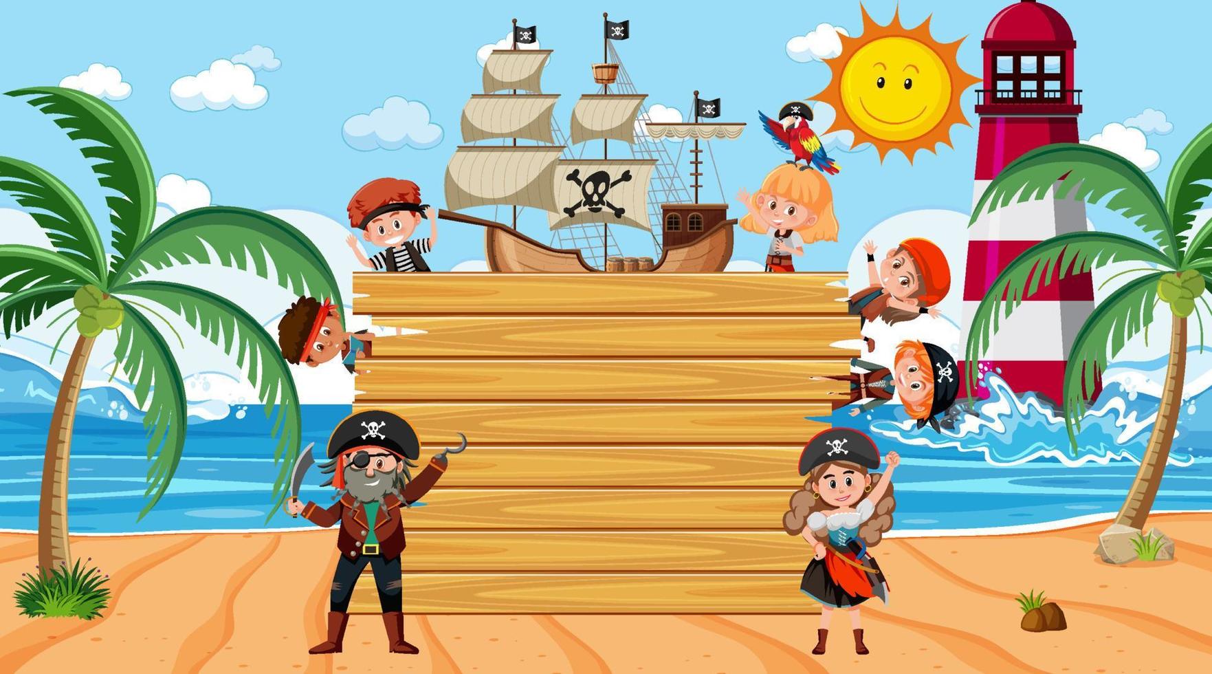 Tablero de madera vacía con muchos personajes de dibujos animados de niños piratas en la playa vector