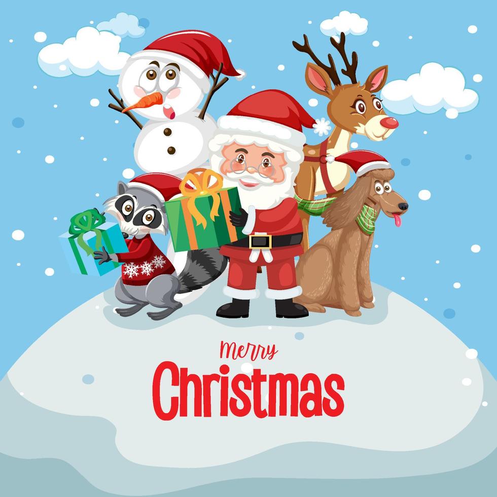 Merry Christmas poster with Santa Claus and friends vector