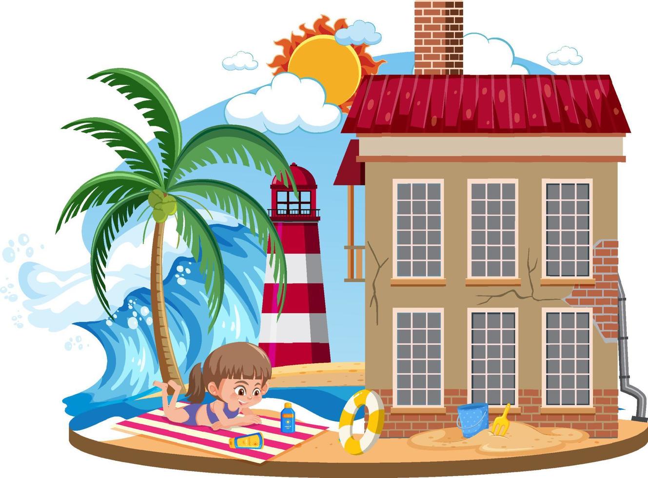 Girl in front of old beach house on the beach vector