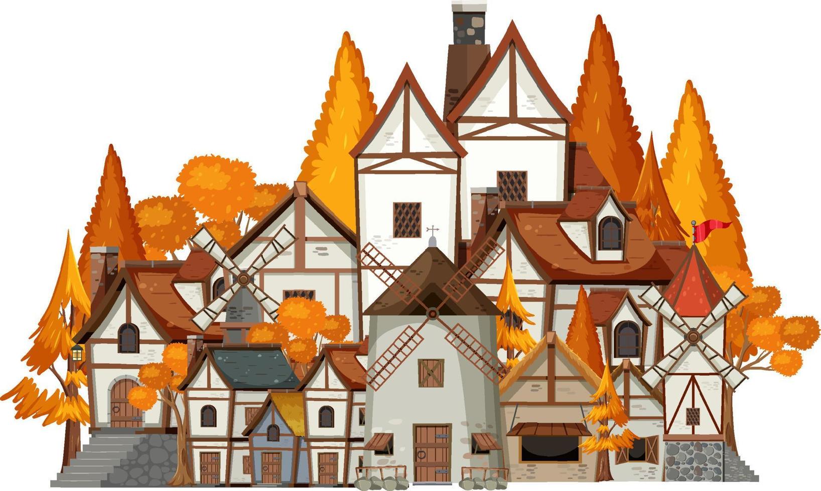 Medieval village scene on white background vector