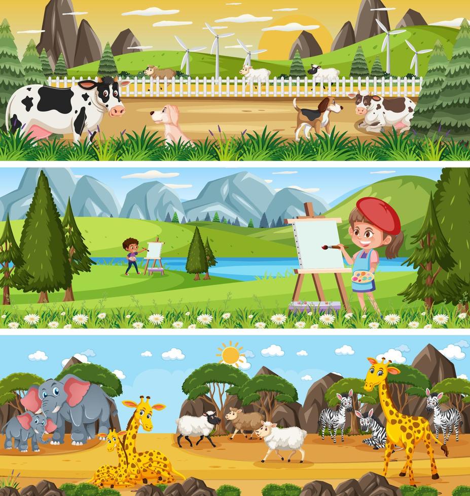 Conjunto de diferentes paisajes de naturaleza panorámica con personaje de dibujos animados vector