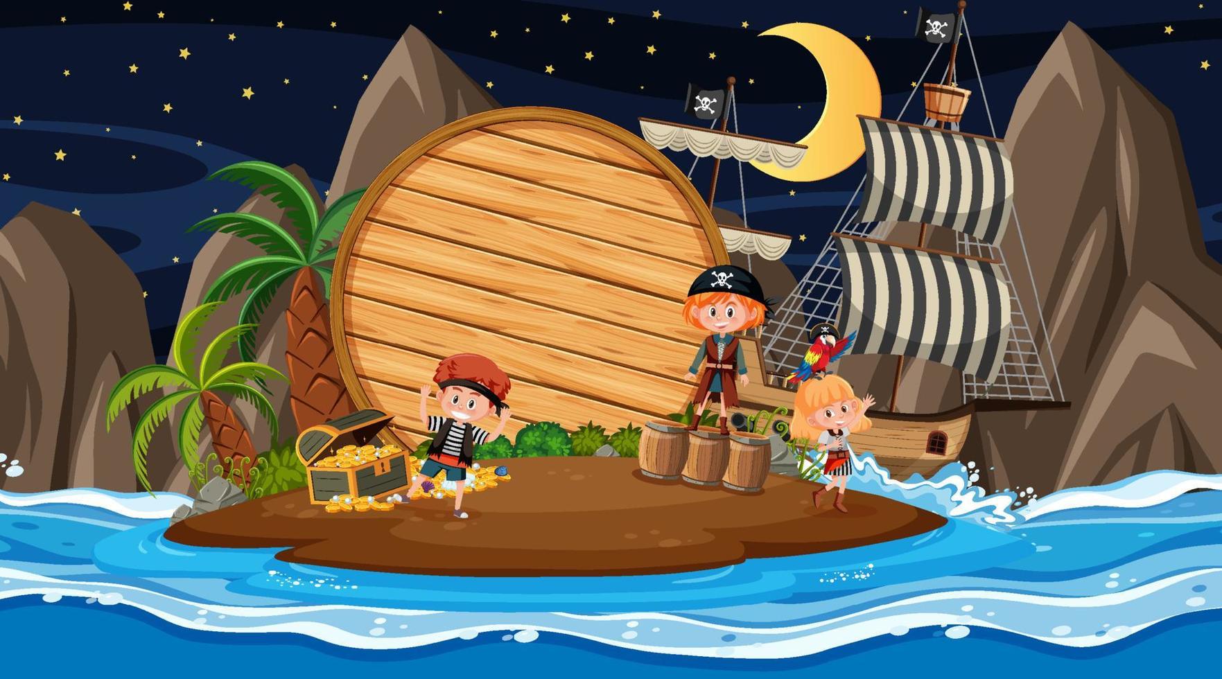 Niños piratas en la escena nocturna de la playa con una plantilla de banner de madera vacía vector