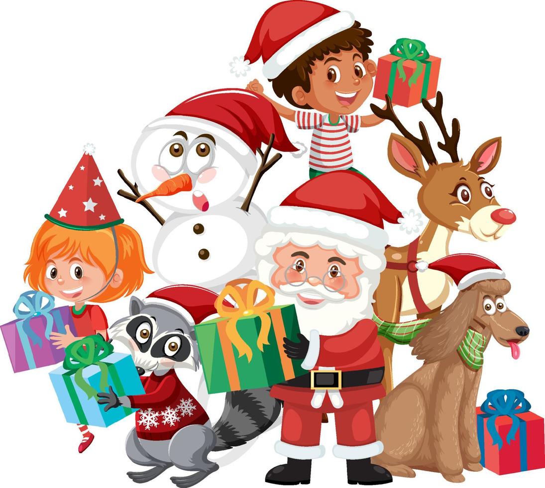 Santa Claus with Christmas cartoon characters vector