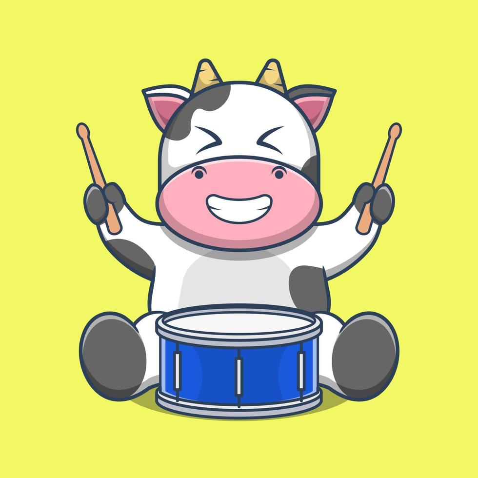 Cow Cartoon Playing Snare Drum isolated vector. vector