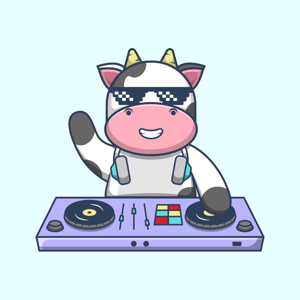 caricatura de vaca jugando dj mezclador de música electrónica con vector aislado de auriculares.