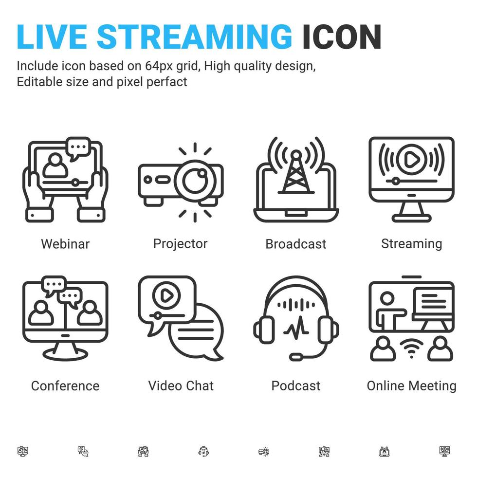 Vector live streaming icons vector with outline color style isolated on white background. Stream broadcast, online meeting zoom, internet conference, podcast, chat recording a webinar sign symbol icon